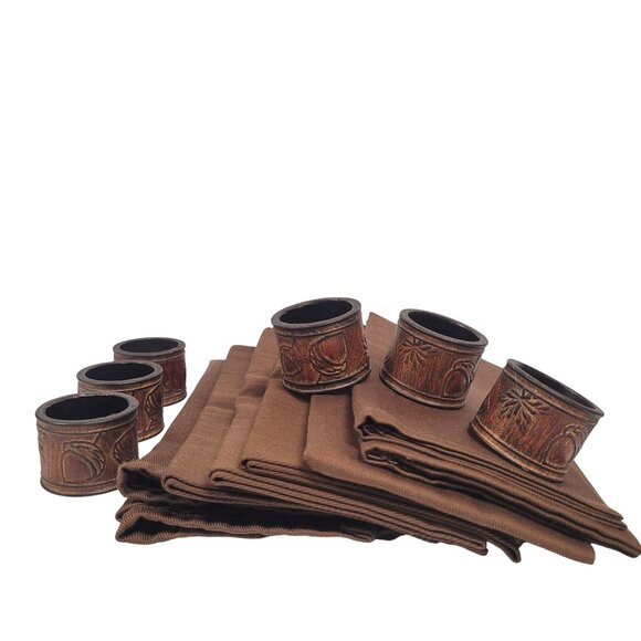 Napkins Brown Set 6  Cloth 17'' x 17'' & 6 Wood Rings/Holders Fall Leaves Acorns - Picture 2 of 5